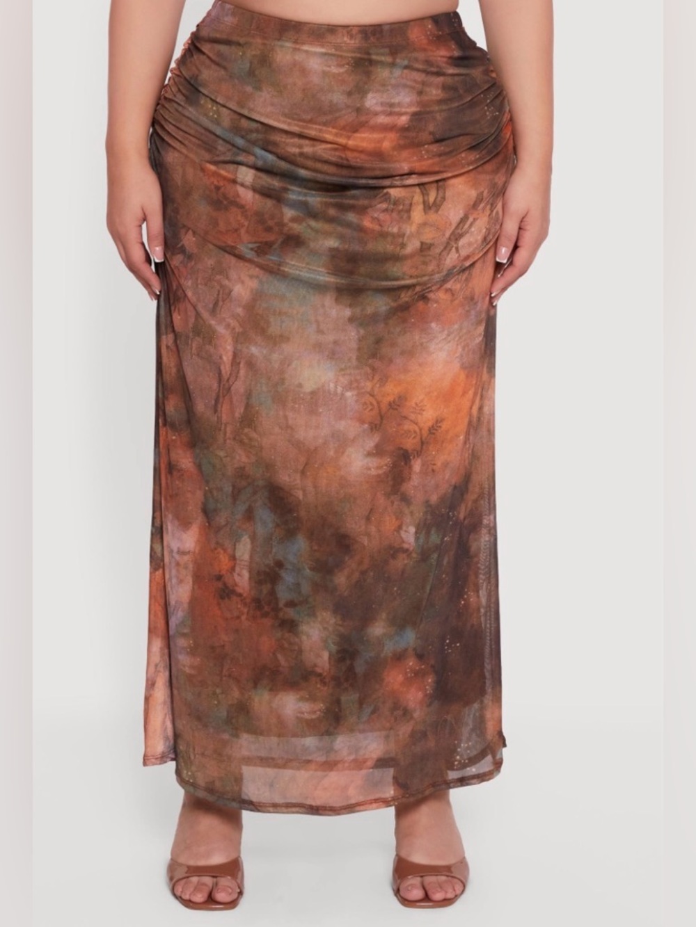 NWT PLUS Size Earth-Tone Ruched Maxi Skirt